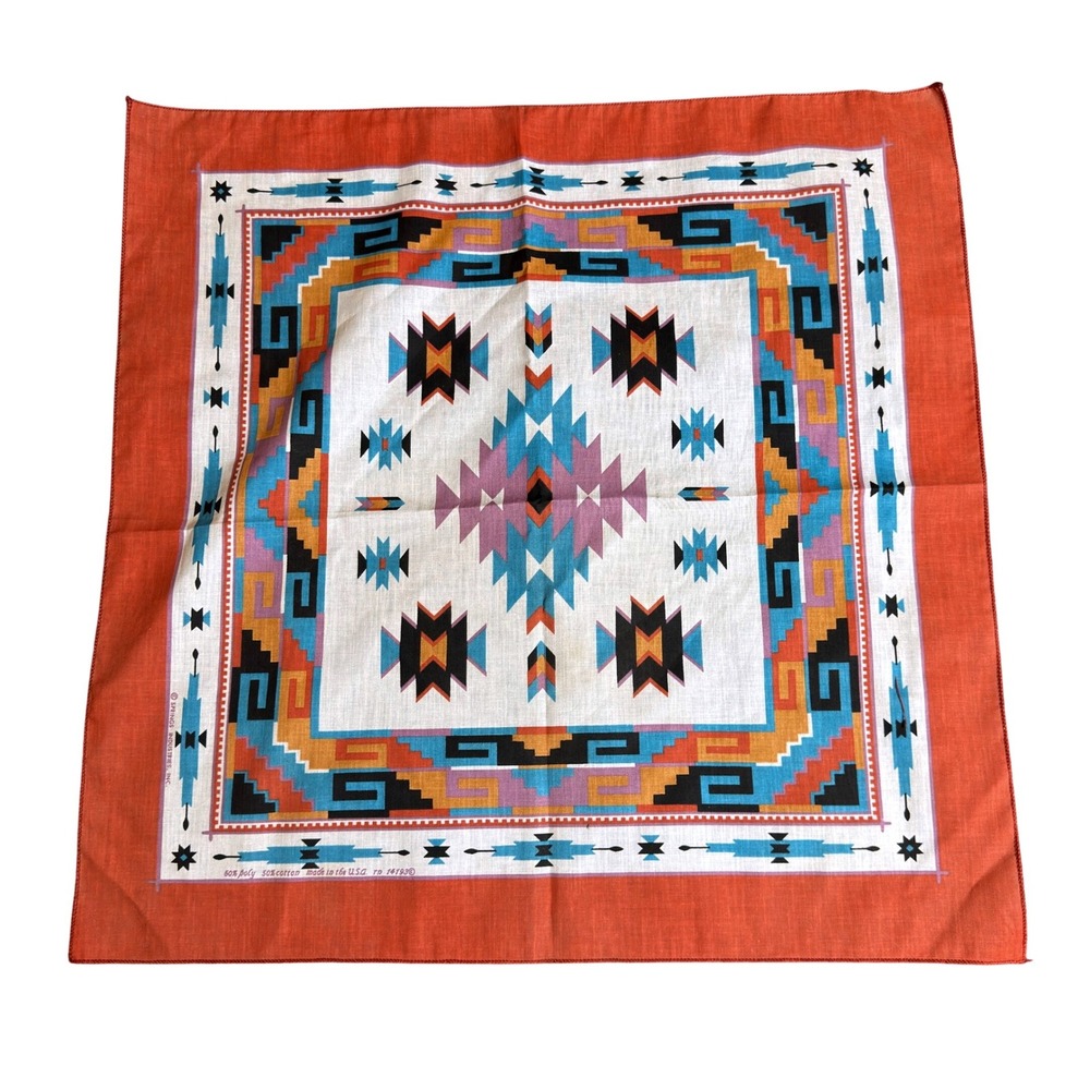 Vintage Springs Industries Southwestern Bandana 80s Orange Turquoise Made in USA